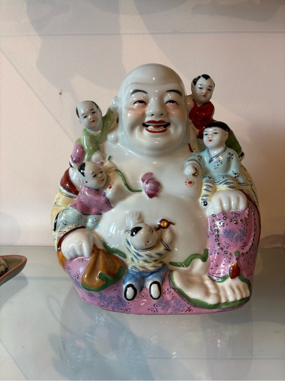 Hand-Painted Porcelain Laughing Buddha Figurine with Children - Pink & White